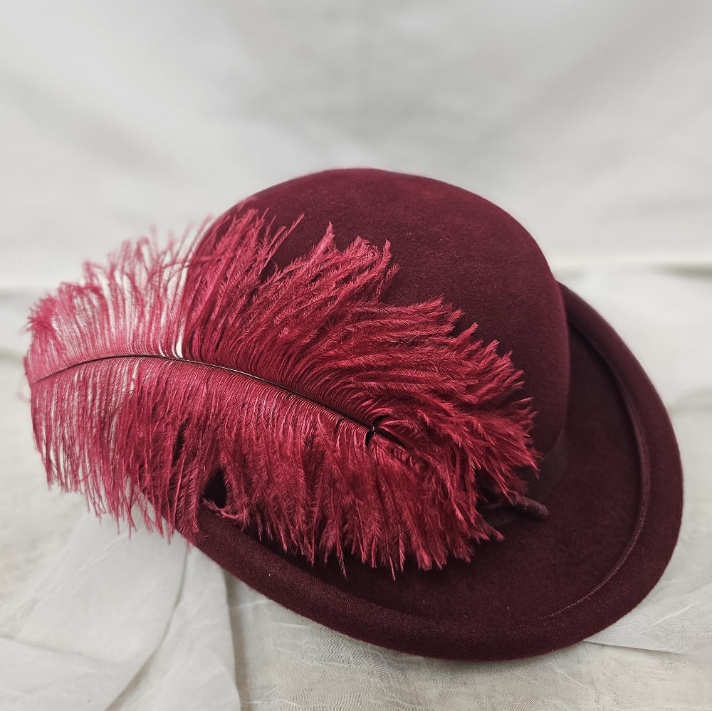Vintage Evelyn Varon Burgundy Felt Hat with Feather | 100% Wool DoeSkin USA
